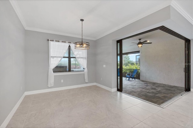 spare room with a wealth of natural light, baseboards, ornamental molding, and ceiling fan with notable chandelier