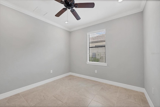 spare room featuring ceiling fan, baseboards, and ornamental molding