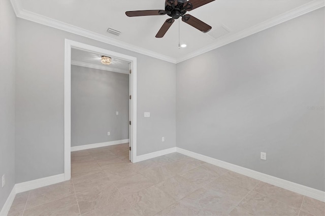 unfurnished room featuring crown molding, a ceiling fan, visible vents, and baseboards