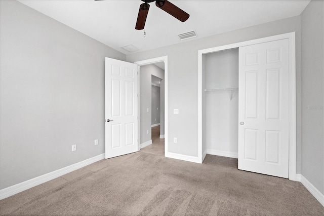 unfurnished bedroom with a ceiling fan, baseboards, visible vents, a closet, and carpet flooring