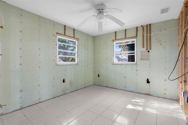 unfurnished room featuring visible vents and ceiling fan