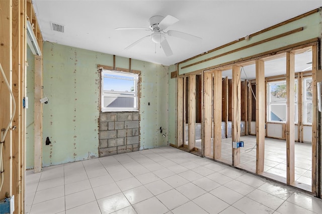 unfurnished room with visible vents and ceiling fan