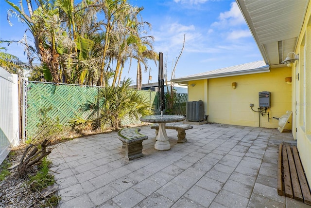 view of patio with central AC unit and a fenced backyard