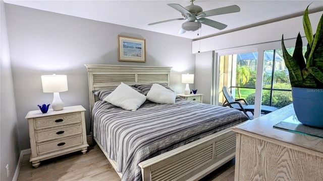 bedroom with access to exterior, baseboards, light wood-type flooring, and ceiling fan