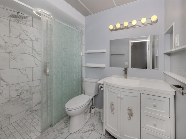 full bath with toilet, marble finish floor, a stall shower, and vanity