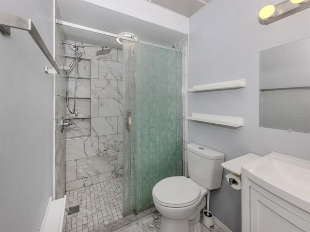 full bathroom featuring vanity, toilet, marble finish floor, and a shower stall