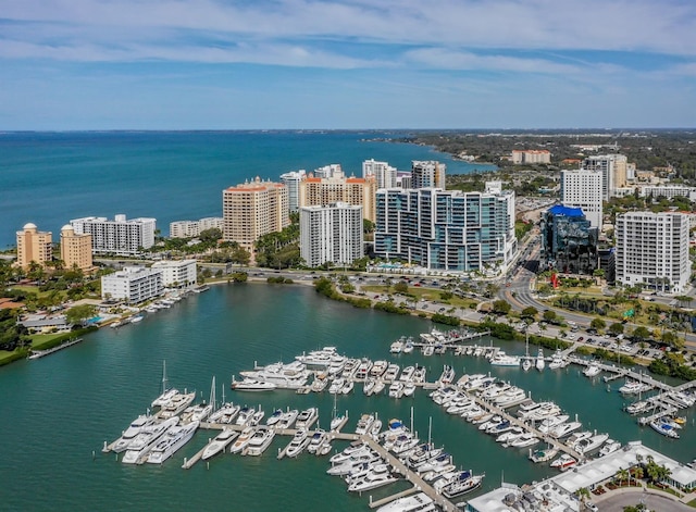 bird's eye view featuring a view of city and a water view