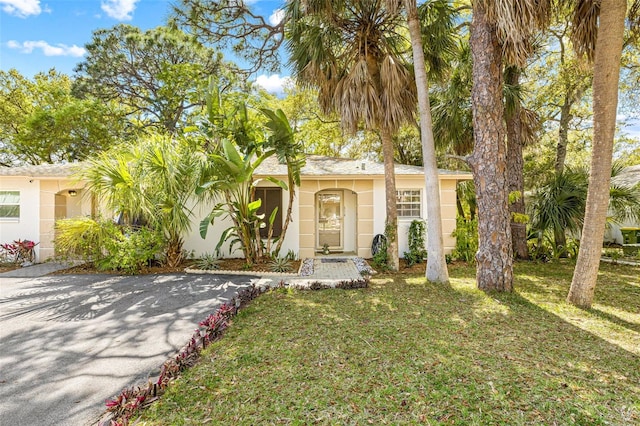 view of front facade with a front yard and stucco siding