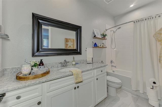 full bathroom with shower / bath combo, visible vents, marble finish floor, toilet, and vanity