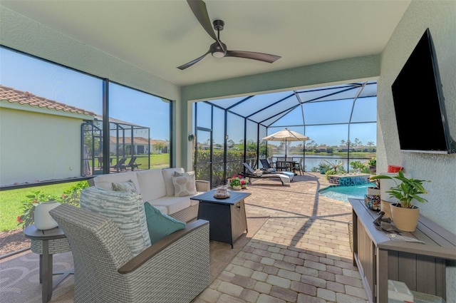 view of patio with an outdoor pool, a lanai, a hot tub, an outdoor living space, and ceiling fan