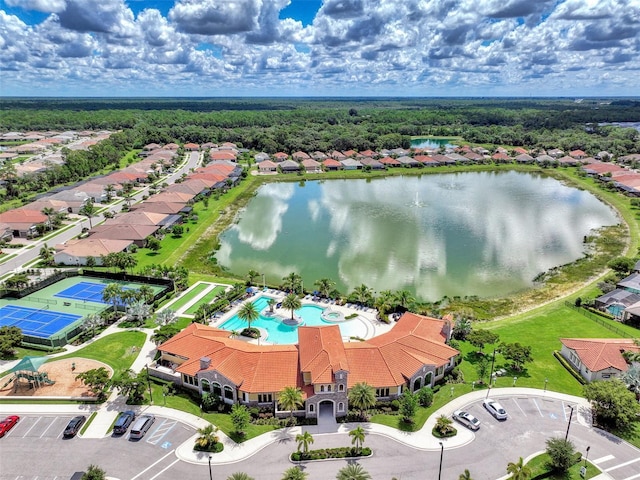 drone / aerial view featuring a water view
