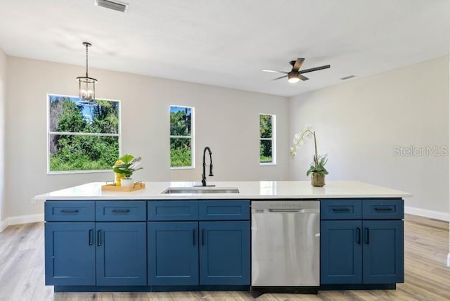 kitchen featuring a healthy amount of sunlight, a sink, ceiling fan, dishwasher, and visible vents