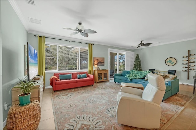 9312 Coachman Dr, Venice, FL 34293 - living area featuring tile patterned flooring, visible vents, crown molding, baseboards, and ceiling fan