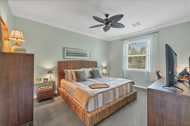 9312 Coachman Dr, Venice, FL 34293 - bedroom with visible vents, carpet flooring, crown molding, baseboards, and ceiling fan