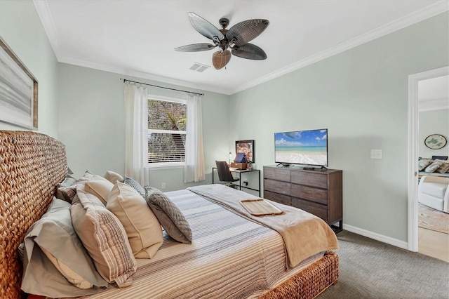 9312 Coachman Dr, Venice, FL 34293 - carpeted bedroom with visible vents, baseboards, ceiling fan, and crown molding