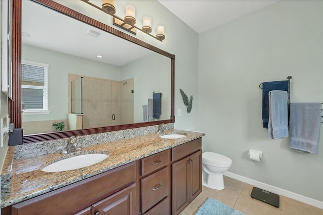 9312 Coachman Dr, Venice, FL 34293 - bathroom with tile patterned flooring, double vanity, a stall shower, and a sink