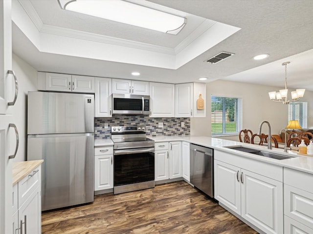 kitchen featuring a sink, visible vents, appliances with stainless steel finishes, and a raised ceiling