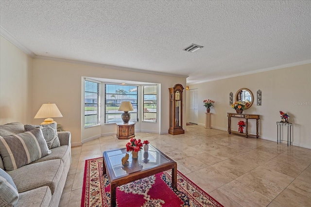 1003 N Gondola Dr, Venice, FL 34293 - living room with visible vents, a textured ceiling, baseboards, and ornamental molding