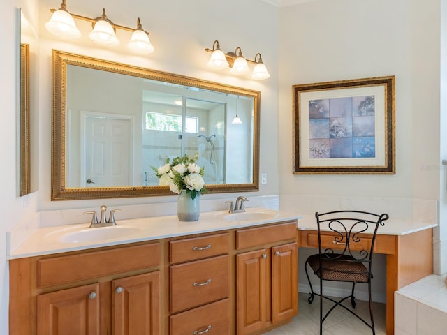 full bathroom featuring a shower with shower door, double vanity, and a sink