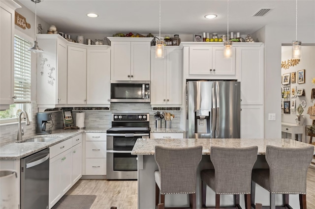 11655 Renaissance Blvd, Venice, FL 34293 - kitchen with decorative backsplash, white cabinets, visible vents, appliances with stainless steel finishes, and a sink