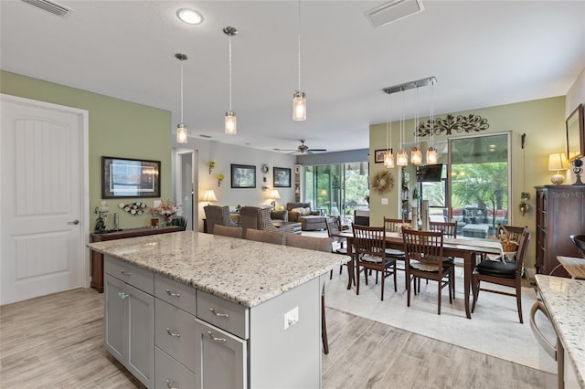 11655 Renaissance Blvd, Venice, FL 34293 - kitchen featuring gray cabinets, visible vents, light stone counters, and light wood-style floors