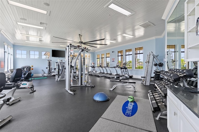 11655 Renaissance Blvd, Venice, FL 34293 - workout area with crown molding, baseboards, ceiling fan, and visible vents
