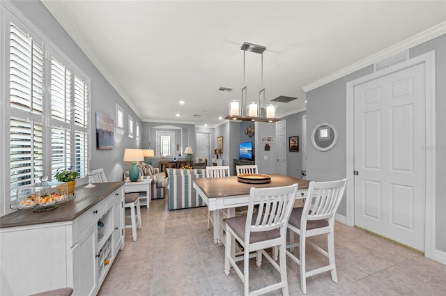 dining space featuring visible vents, baseboards, ornamental molding, recessed lighting, and light tile patterned floors