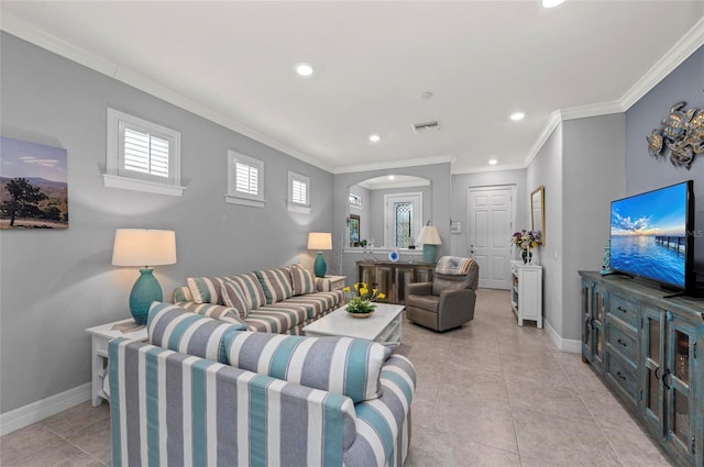 living room with light tile patterned flooring, baseboards, crown molding, and recessed lighting