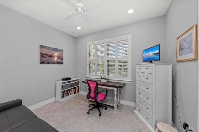office with baseboards, light tile patterned floors, recessed lighting, and a ceiling fan