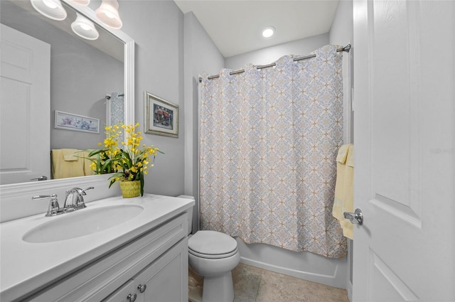 bathroom with tile patterned floors, toilet, shower / tub combo with curtain, and vanity