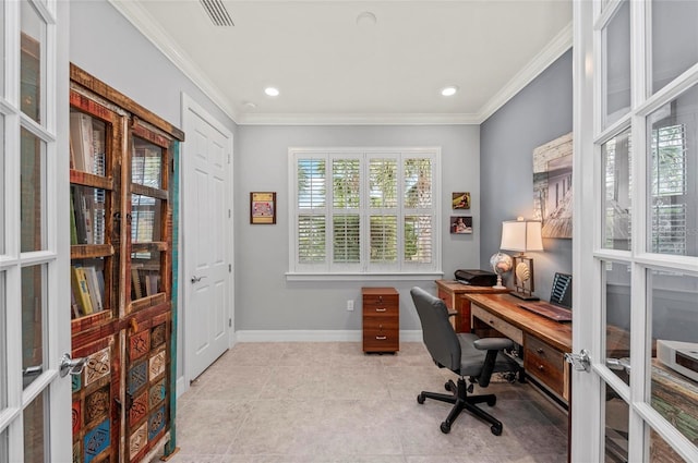 home office with french doors, crown molding, and visible vents
