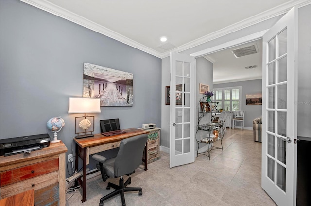 office space with baseboards, ornamental molding, visible vents, and french doors