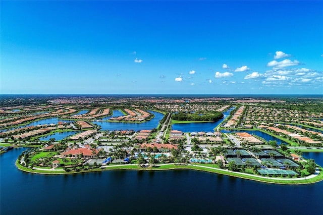 drone / aerial view with a water view