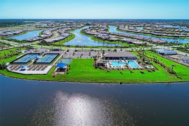 bird's eye view with a water view