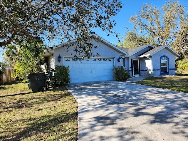 single story home featuring stucco siding, fence, a front lawn, an attached garage, and driveway