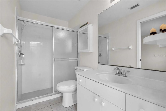 full bath featuring a stall shower, vanity, visible vents, toilet, and tile patterned floors