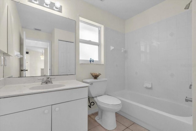 full bathroom with visible vents, toilet, tub / shower combination, vanity, and tile patterned flooring