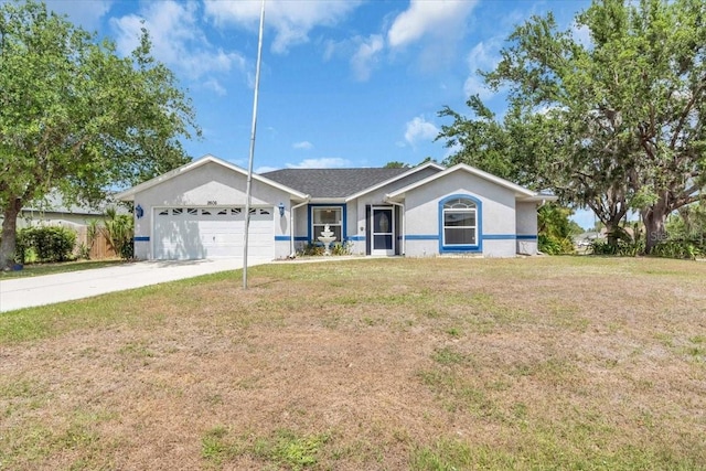 single story home featuring an attached garage, concrete driveway, a front yard, and stucco siding