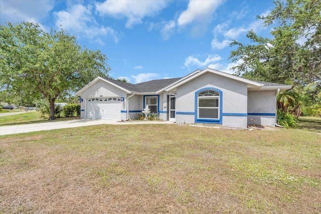 ranch-style home featuring a front yard, driveway, a garage, and stucco siding