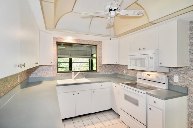 kitchen with white cabinetry, a ceiling fan, a sink, and white appliances