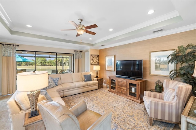 1254 Cielo Ct, North Venice, FL 34275 - living area featuring recessed lighting, a raised ceiling, visible vents, and a ceiling fan