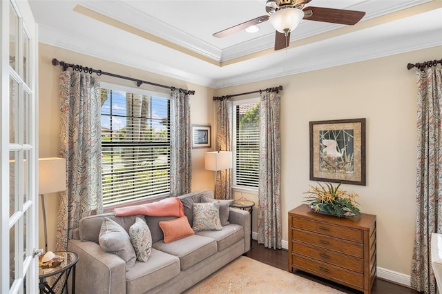 1254 Cielo Ct, North Venice, FL 34275 - living area featuring a ceiling fan, ornamental molding, and wood finished floors