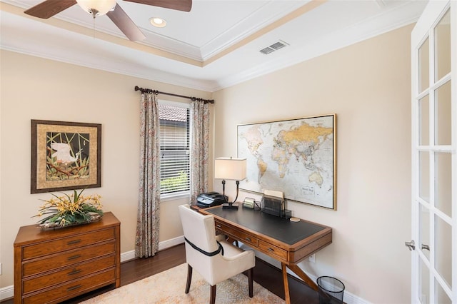 1254 Cielo Ct, North Venice, FL 34275 - office space with a raised ceiling, wood finished floors, visible vents, ornamental molding, and ceiling fan