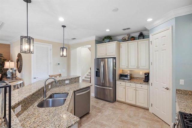 1254 Cielo Ct, North Venice, FL 34275 - kitchen with ornamental molding, a toaster, stainless steel appliances, and a sink
