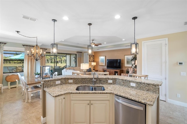 1254 Cielo Ct, North Venice, FL 34275 - kitchen with a sink, open floor plan, visible vents, ceiling fan with notable chandelier, and dishwasher