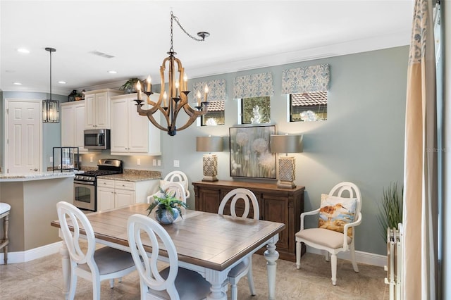 1254 Cielo Ct, North Venice, FL 34275 - dining room with light tile patterned flooring, baseboards, visible vents, a notable chandelier, and ornamental molding
