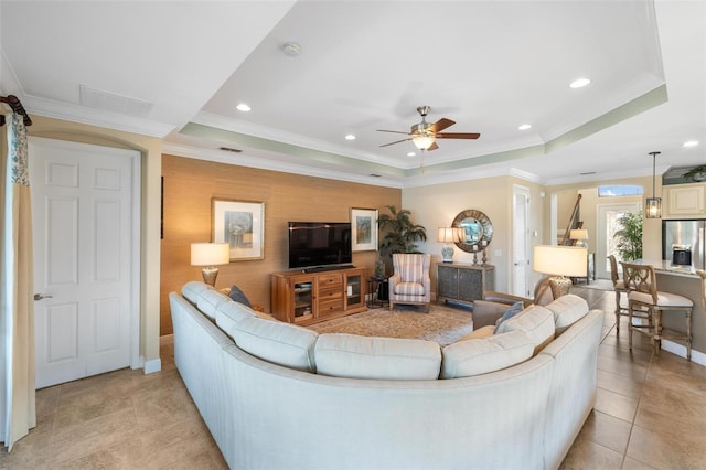 1254 Cielo Ct, North Venice, FL 34275 - living area featuring ceiling fan, recessed lighting, baseboards, and a raised ceiling