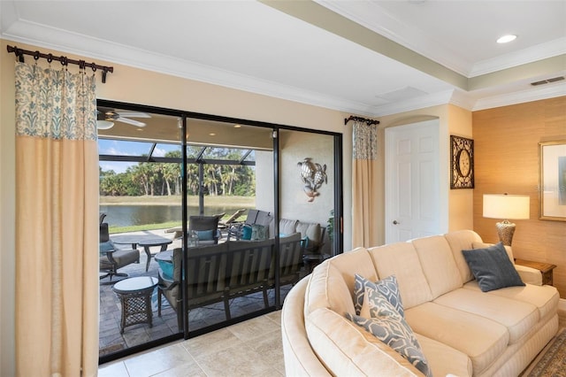 1254 Cielo Ct, North Venice, FL 34275 - living room featuring visible vents, a water view, and crown molding
