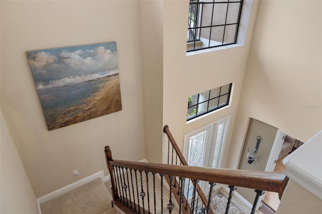 1254 Cielo Ct, North Venice, FL 34275 - stairway featuring carpet, a towering ceiling, and baseboards