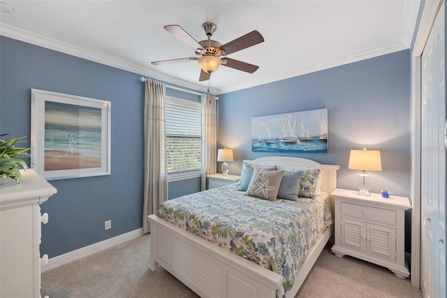 1254 Cielo Ct, North Venice, FL 34275 - bedroom featuring light carpet, baseboards, ceiling fan, and crown molding